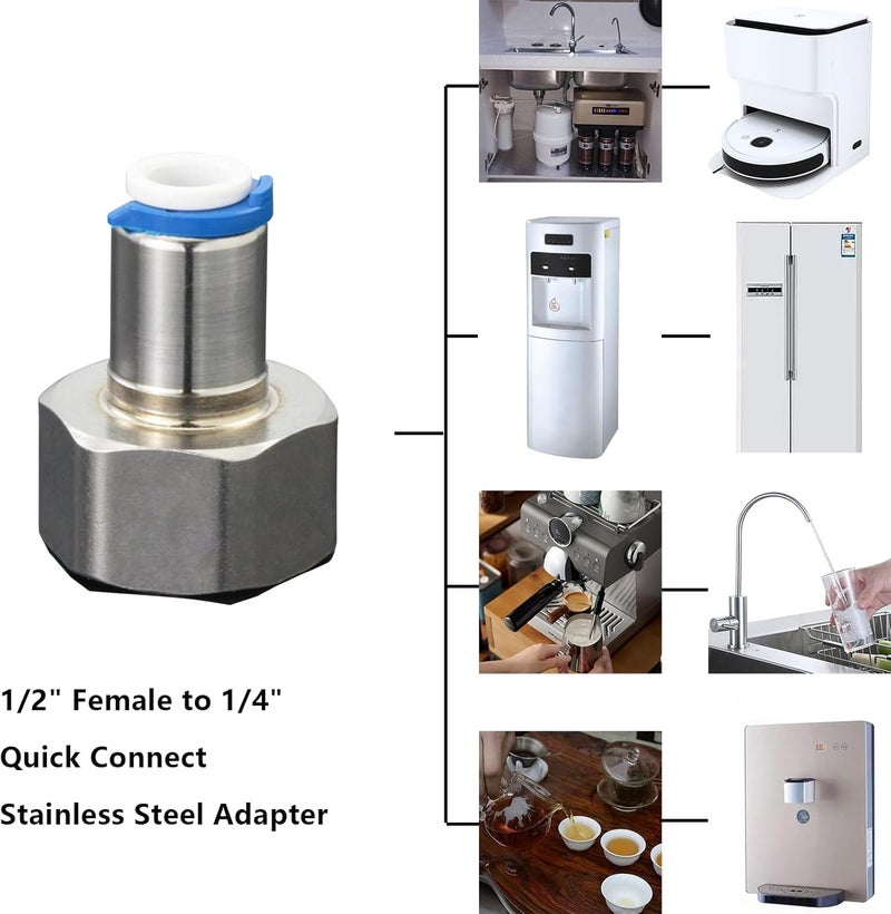 AimatRun 1/2" Female Thread to 1/4" Push-to-Connect Tube Stainless Steel (SS) Quick Connector, suitable for reverse osmosis (RO) water purifiers and beverage dispenser fitting adapters. - Image 4